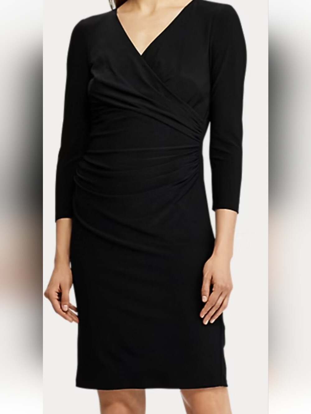 Ralph Lauren Elegant Black V-Neck Ruched Sheath Jersey Dress. Sz. 10. Like New